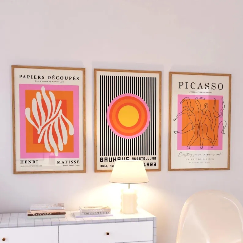 Home Decor Wall Pictures - 3pcsModern Orange Bauhaus And Picasso Wall