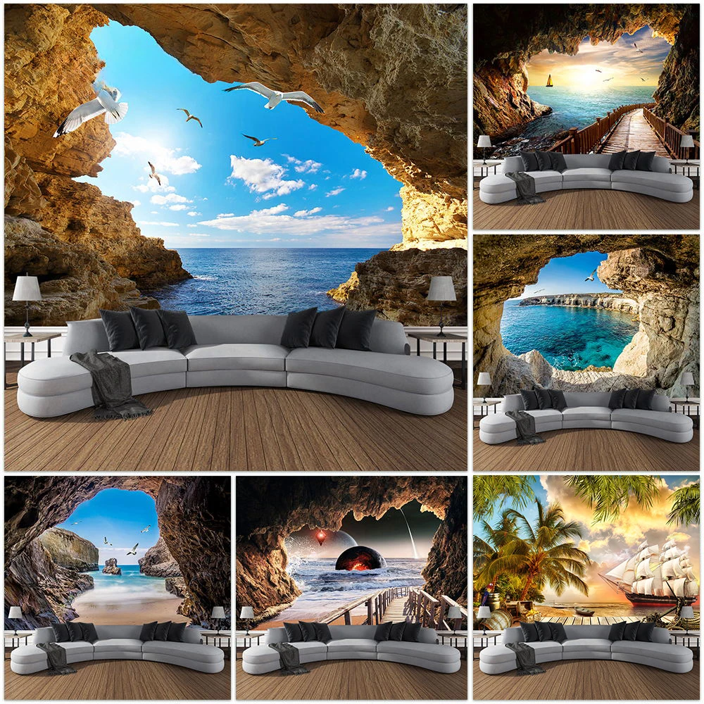 Home Decor Yoga - Mountain Cave Landscape Tapestry Ocean Birds