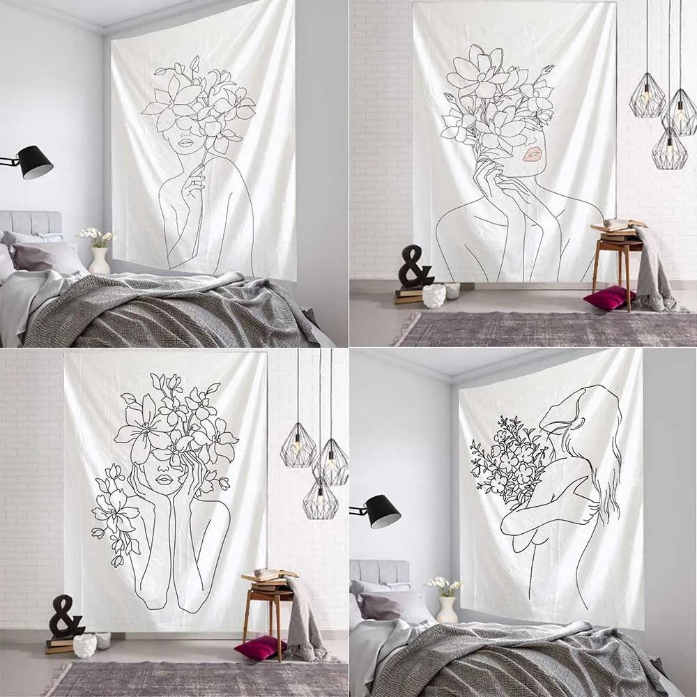 Home Decor Yoga - Simple Line Girl Tapestry Art White