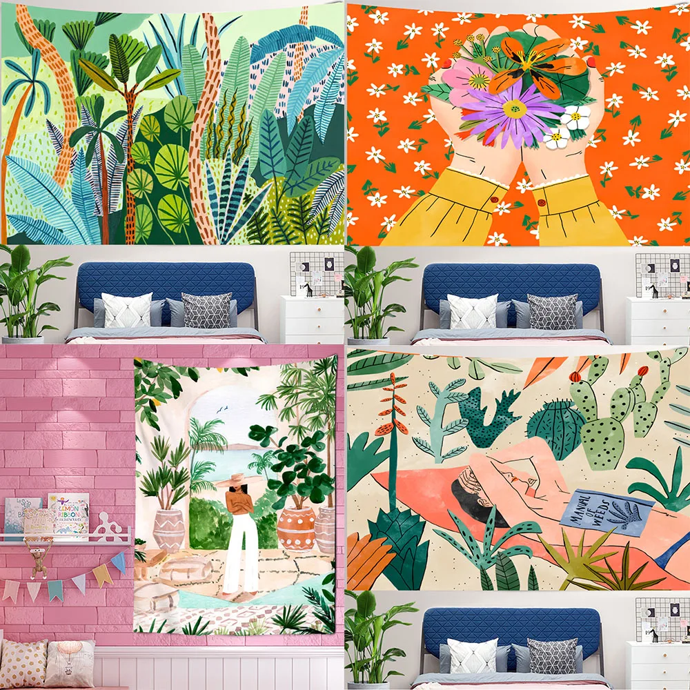 Tropical Green Plant Girl Wall - Home Decor Yoga 评论和价格