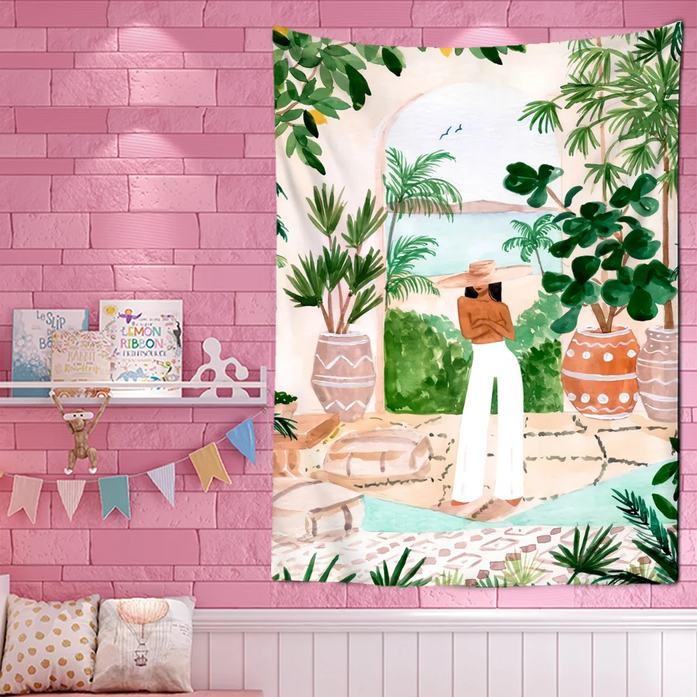 Tropical Green Plant Girl Wall - Home Decor Yoga 评论和价格